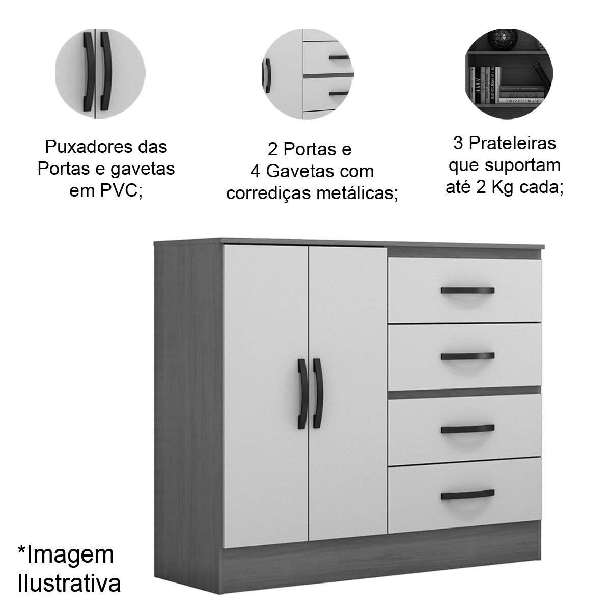 Cômoda Sapateira para Quarto 2 Portas 4 Gavetas Lisa Carvalho Oak
