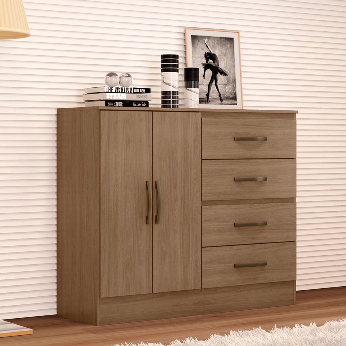 Cômoda Sapateira para Quarto 2 Portas 4 Gavetas Lisa Carvalho Oak
