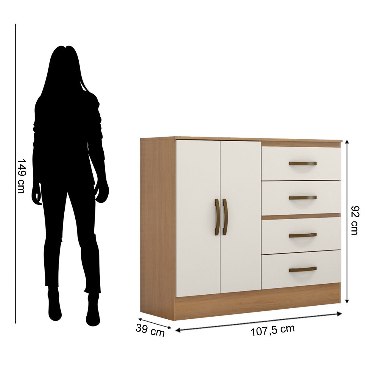 Cômoda Sapateira para Quarto 2 Portas 4 Gavetas Lisa Nature/Off White