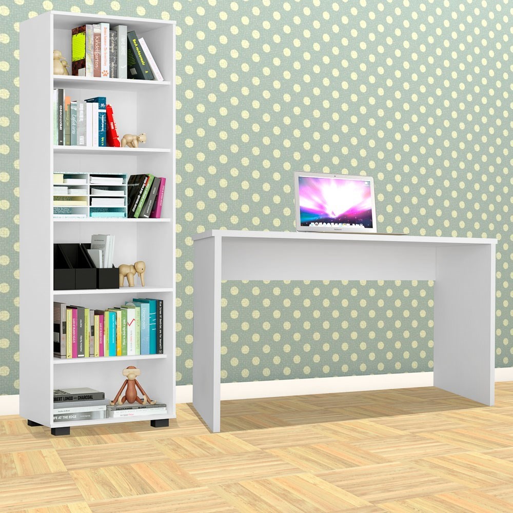 Conjunto Escritório 2 Peças Mesa Gávea e Estante Office Branco - Móveis Leão