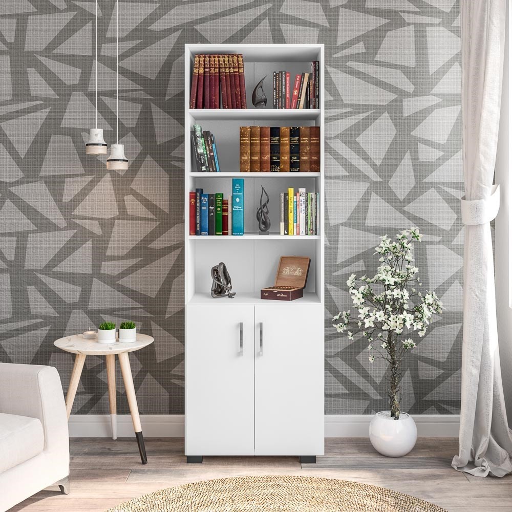 Estante Livreiro Multiuso Portas Pequenas 6 Prateleiras Office Branco White - Móveis Leão