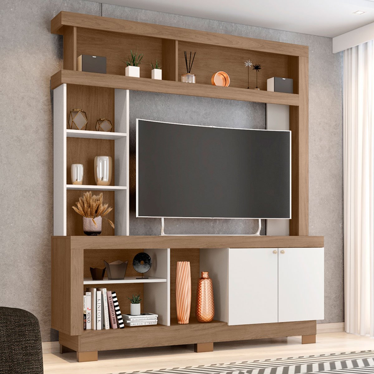 Estante para Tv de até 47 Polegadas 8 Nichos e 2 Portas Mari Carvalho Oak/Off White