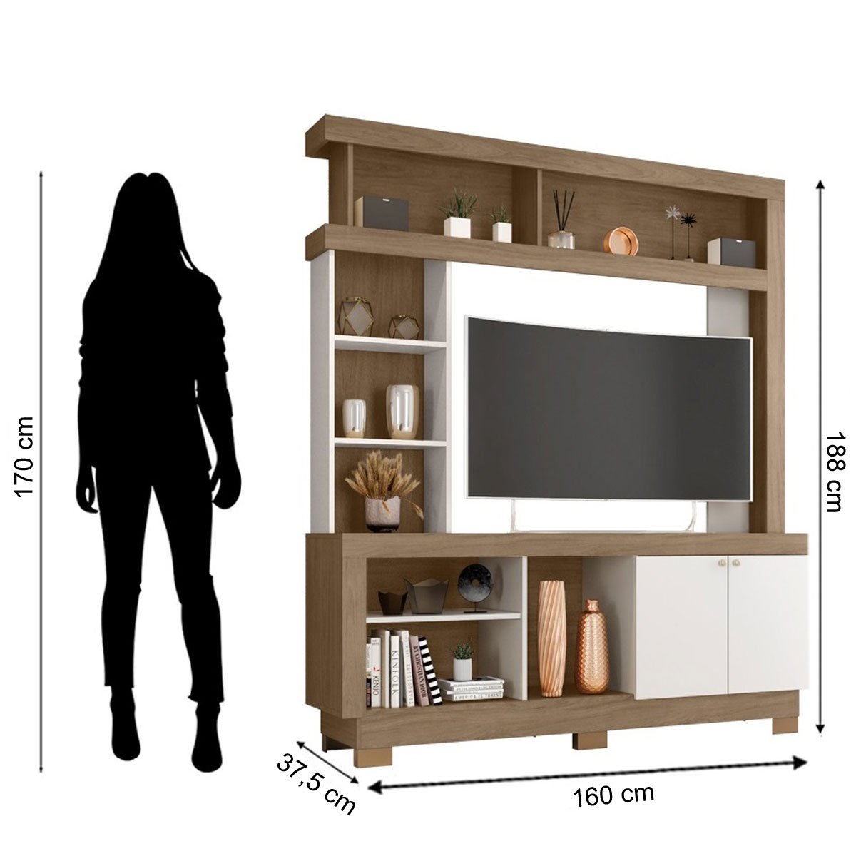 Estante para Tv de até 47 Polegadas 8 Nichos e 2 Portas Mari Carvalho Oak/Off White