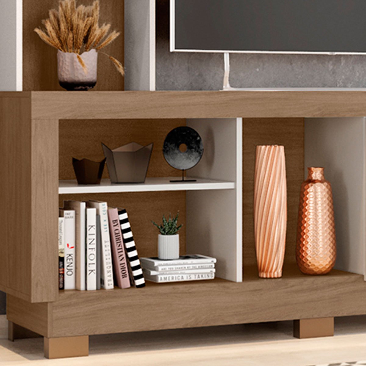 Estante para Tv de até 47 Polegadas 8 Nichos e 2 Portas Mari Carvalho Oak/Off White