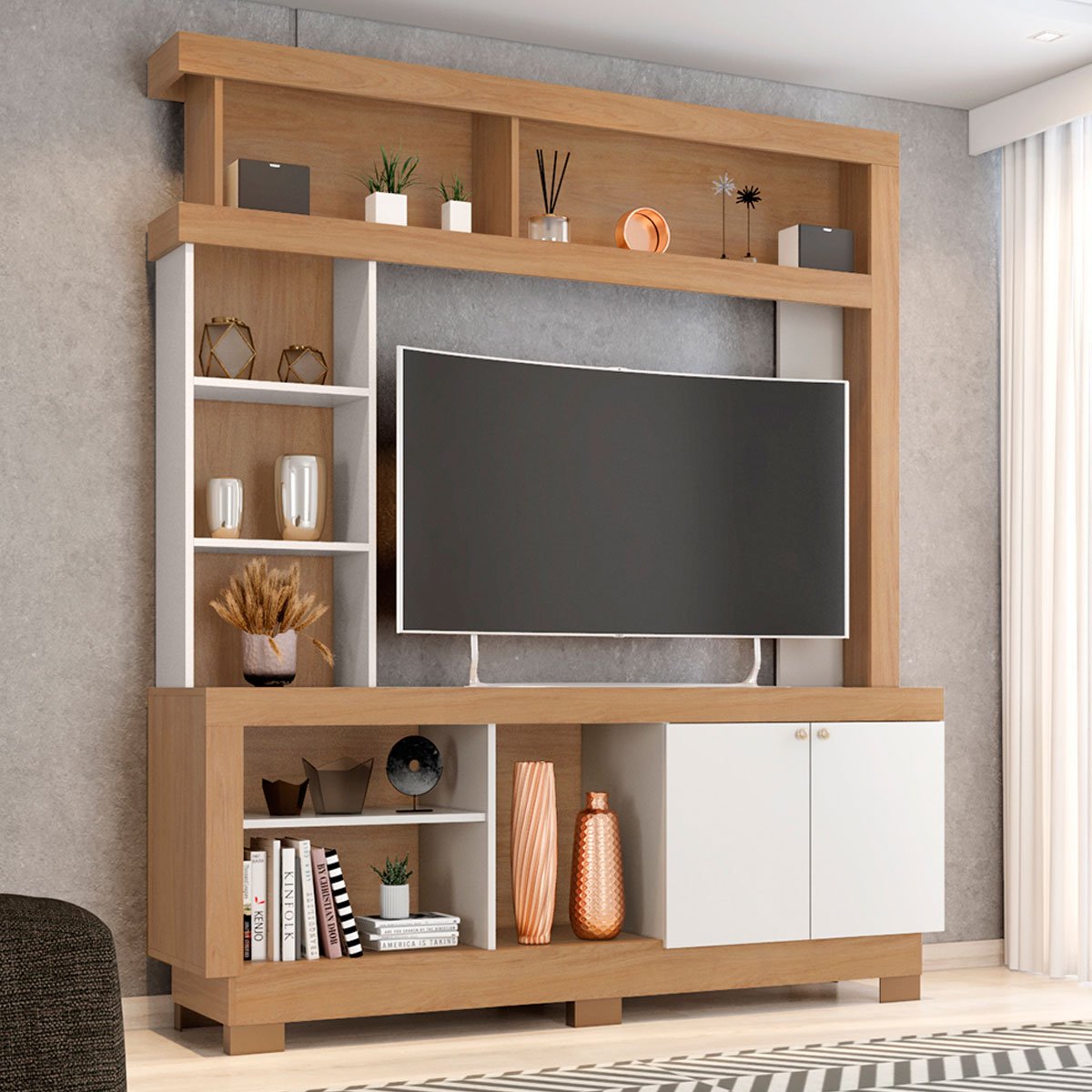 Estante para Tv de até 47 Polegadas 8 Nichos e 2 Portas Mari Nature/Off White