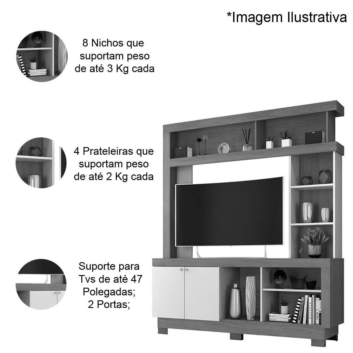 Estante para Tv de até 47 Polegadas 8 Nichos e 2 Portas Mari Nature/Off White