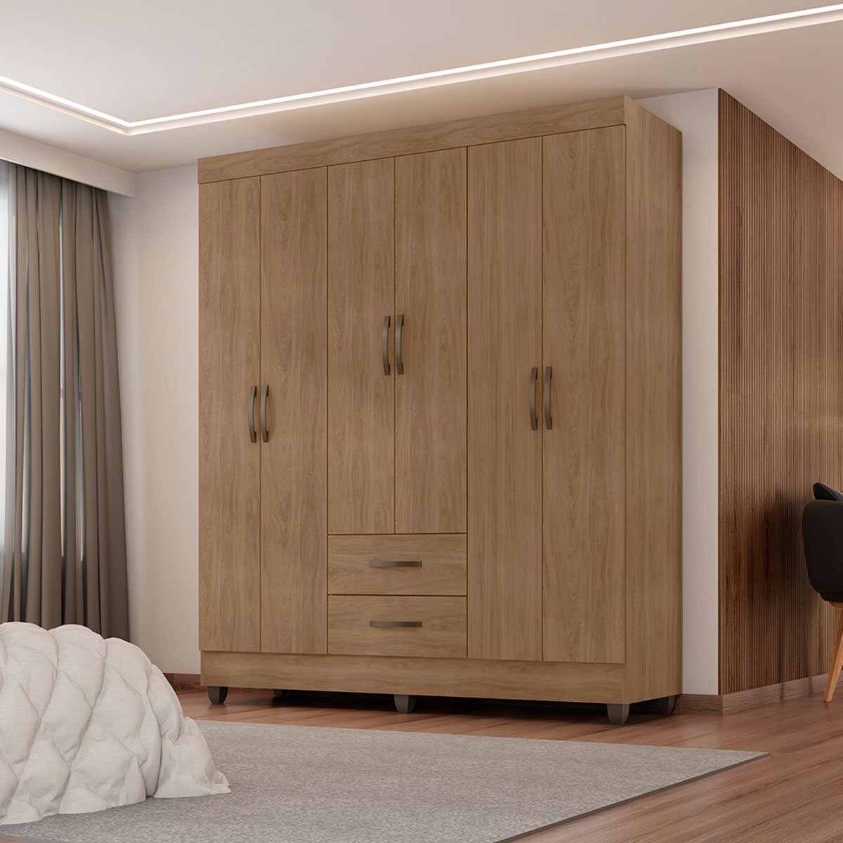 Guarda-Roupa Casal 6 Portas 2 Gavetas e 5 Prateleira Lisa MDP Carvalho Oak