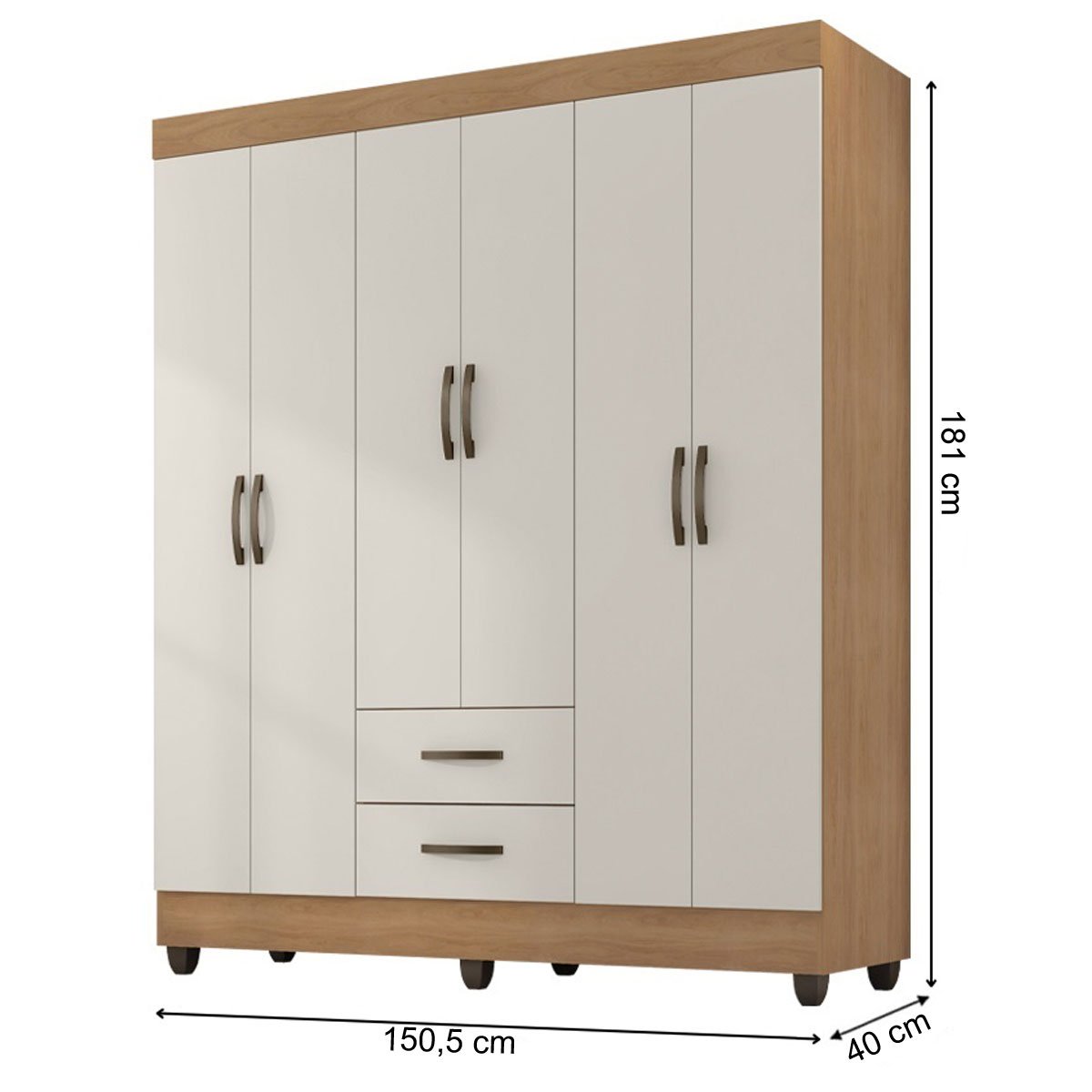 Guarda-Roupa Casal 6 Portas 2 Gavetas e 5 Prateleira Lisa MDP Nature/Off White