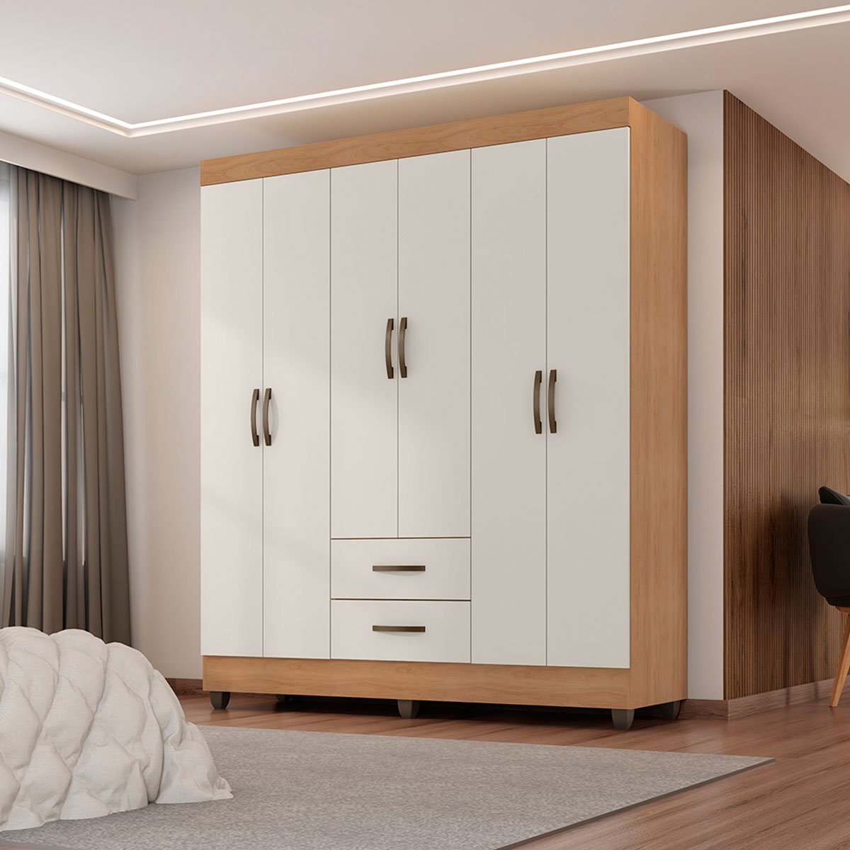 Guarda-Roupa Casal 6 Portas 2 Gavetas e 5 Prateleira Lisa MDP Nature/Off White