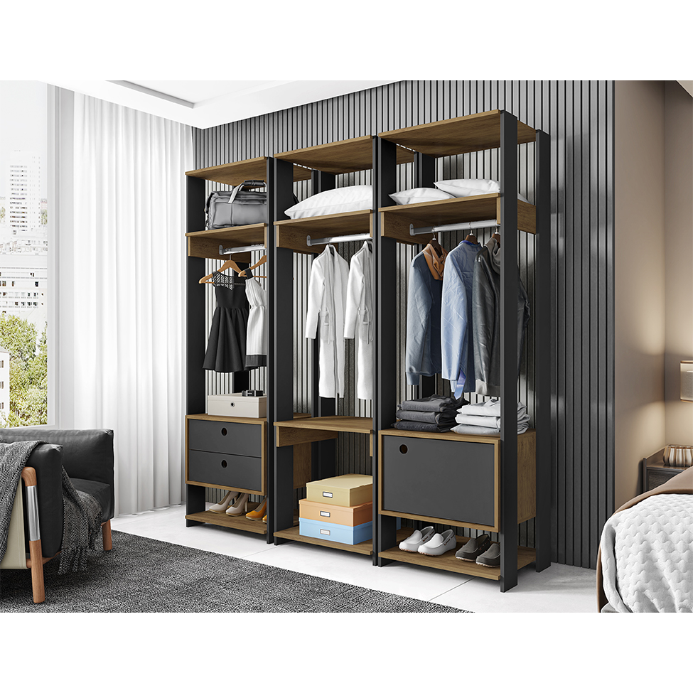 Guarda-Roupa Closet Modulado Titan 1 Porta 2 Gavetas Preto e Freijó