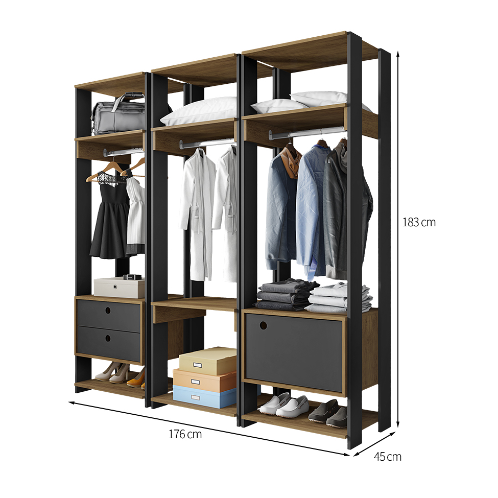 Guarda-Roupa Closet Modulado Titan 1 Porta 2 Gavetas Preto e Freijó