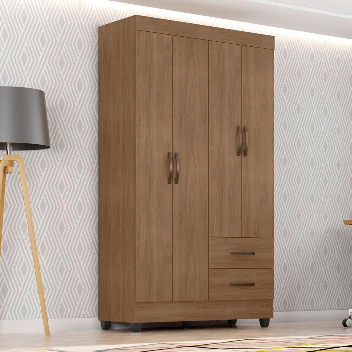 Guarda-Roupa Solteiro Grande 4 Portas 2 Gavetas e 4 Prateleiras Lisa MDP Carvalho Oak