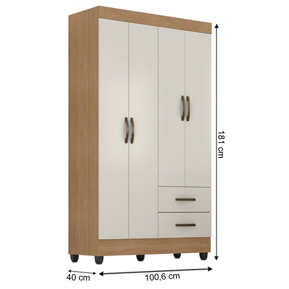 Guarda-Roupa Solteiro Grande 4 Portas 2 Gavetas e 4 Prateleiras Lisa MDP Nature/Off White