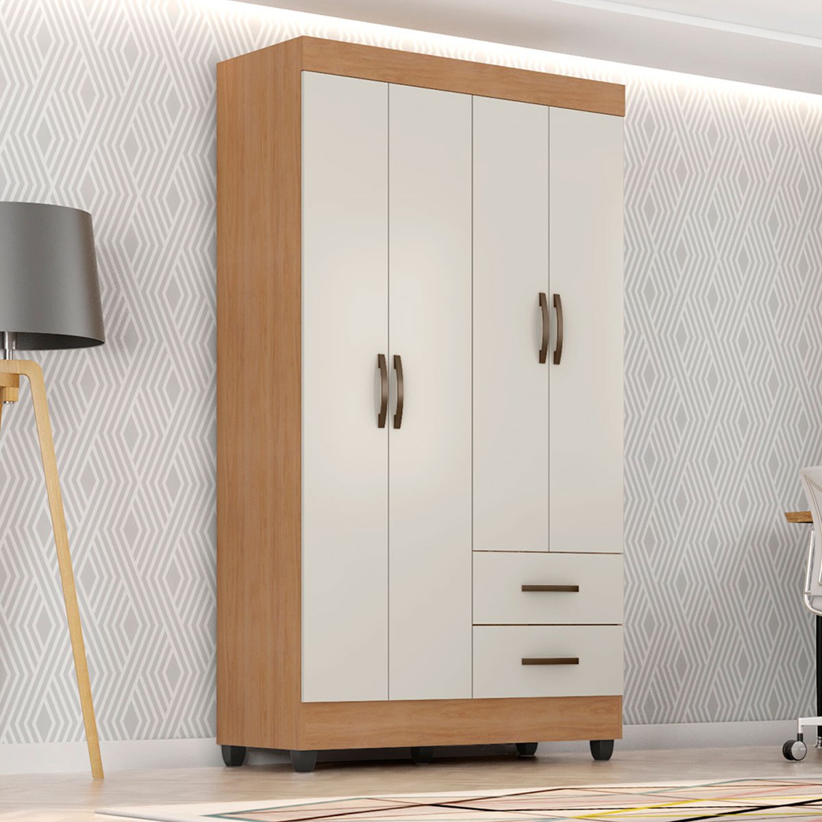 Guarda-Roupa Solteiro Grande 4 Portas 2 Gavetas e 4 Prateleiras Lisa MDP Nature/Off White