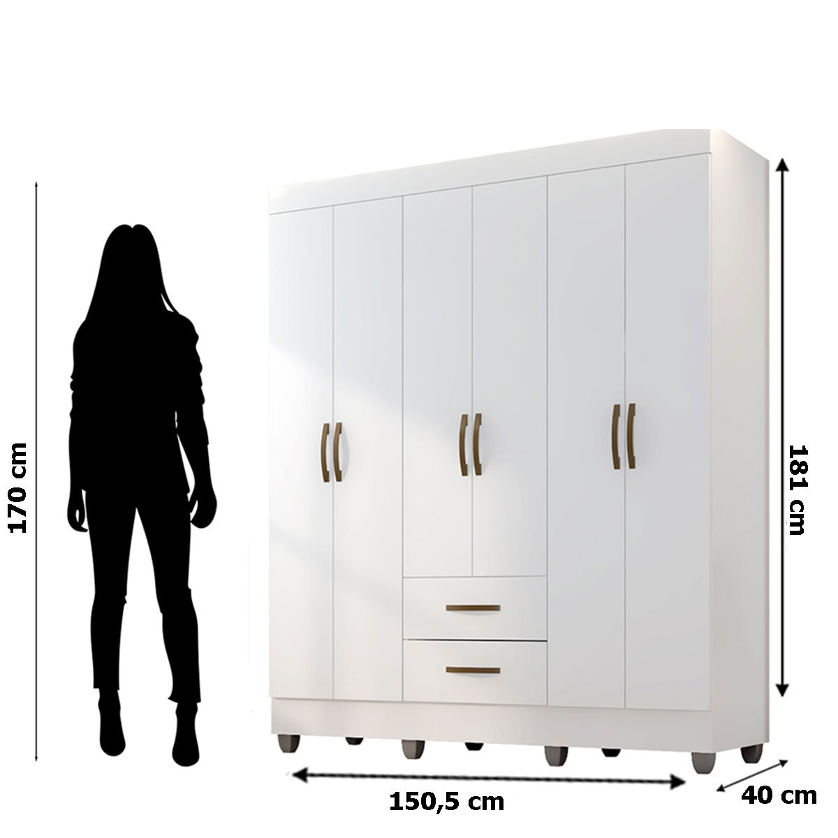 Kit Guarda-Roupa Casal 6 Portas com Cômoda 4 Gavetas Lisa Branco