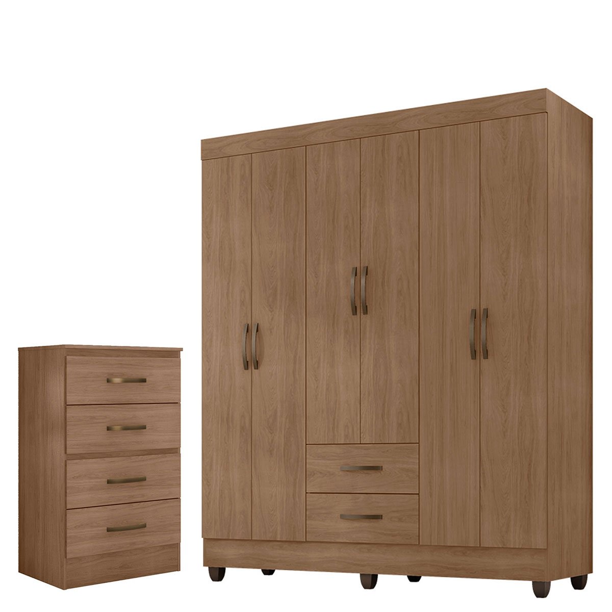 Kit Guarda-Roupa Casal 6 Portas com Cômoda 4 Gavetas Lisa Carvalho Oak