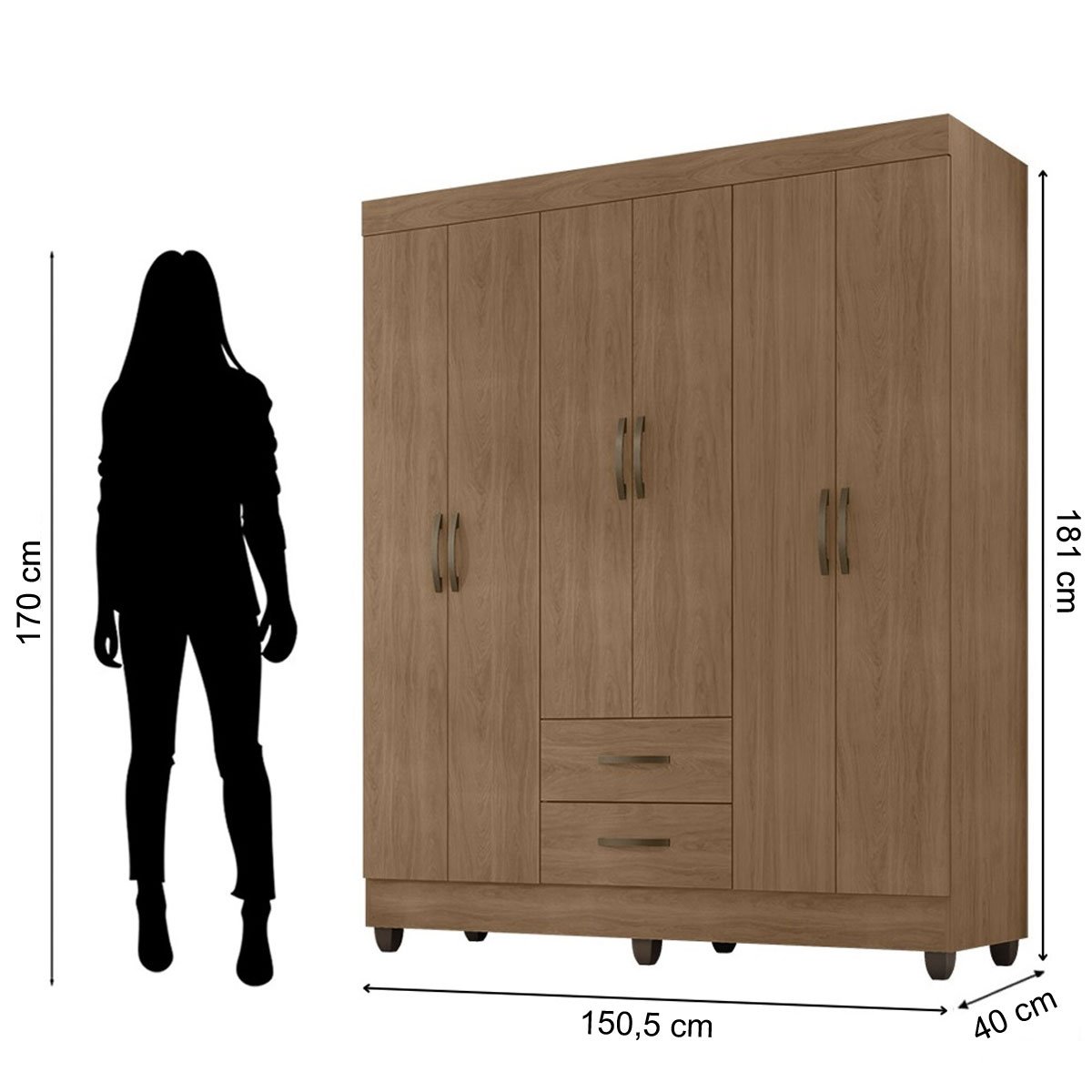Kit Guarda-Roupa Casal 6 Portas com Cômoda 4 Gavetas Lisa Carvalho Oak
