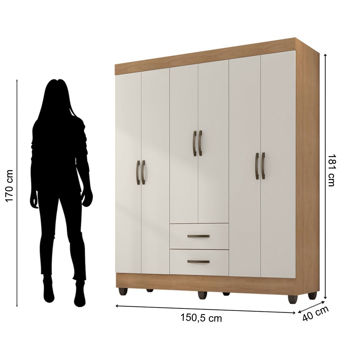 Kit Guarda-Roupa Casal 6 Portas com Cômoda 4 Gavetas Lisa Nature/Off White