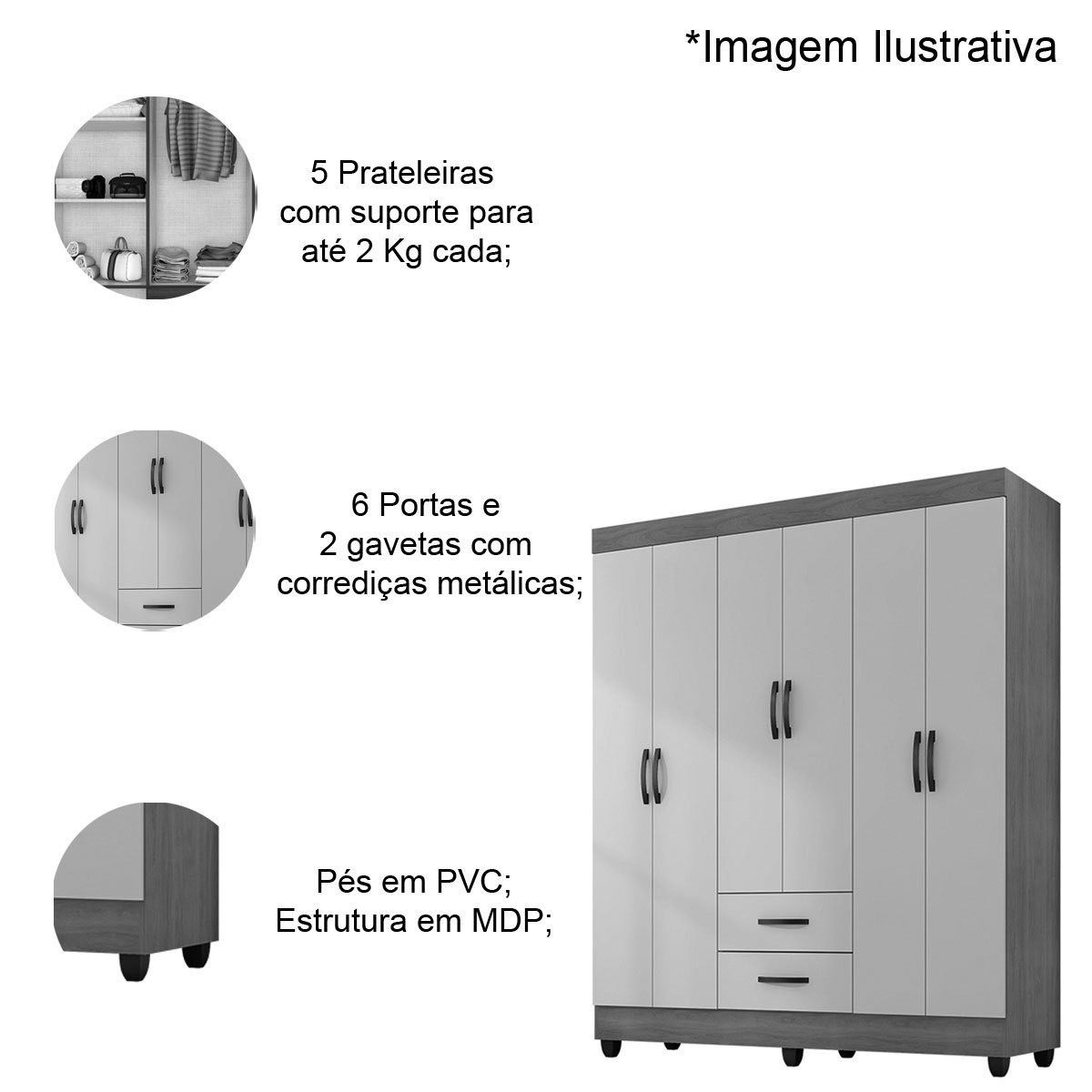Kit Guarda-Roupa Casal 6 Portas com Cômoda 4 Gavetas Lisa Nature/Off White