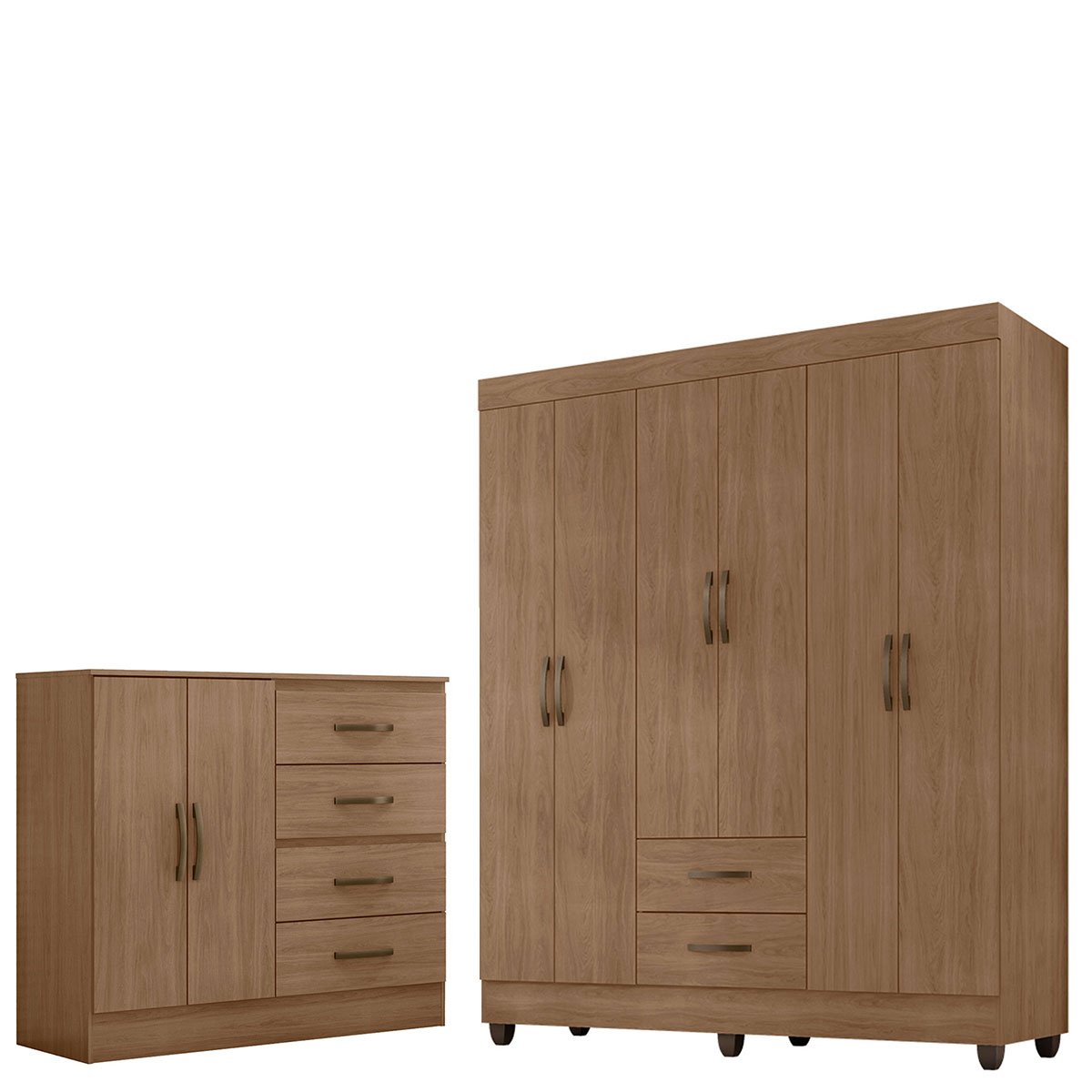 Kit Guarda-Roupa Casal 6 Portas com Cômoda Sapateira 4 Gavetas Lisa Carvalho Oak