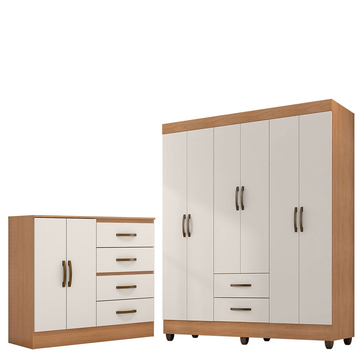 Kit Guarda-Roupa Casal 6 Portas com Cômoda Sapateira 4 Gavetas Lisa Nature/Off White