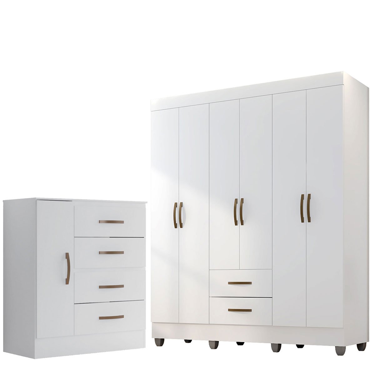 Kit Guarda-Roupa Casal 6 Portas e Cômoda Sapateira 1 Porta Lisa Branco