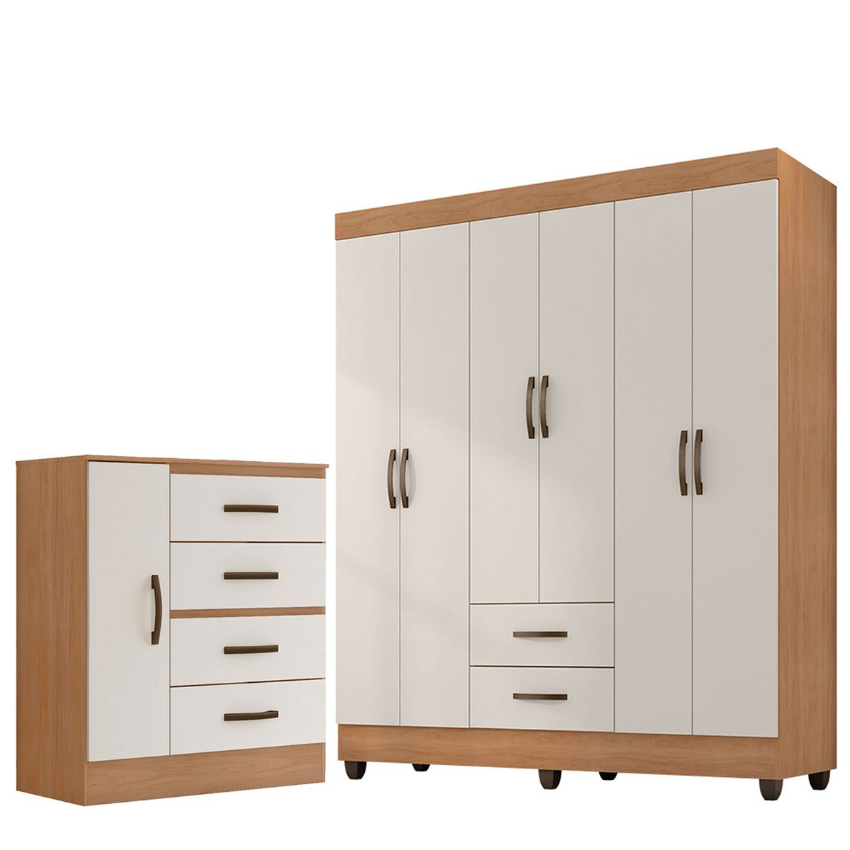 Kit Guarda-Roupa Casal 6 Portas e Cômoda Sapateira 1 Porta Lisa Nature/Off White