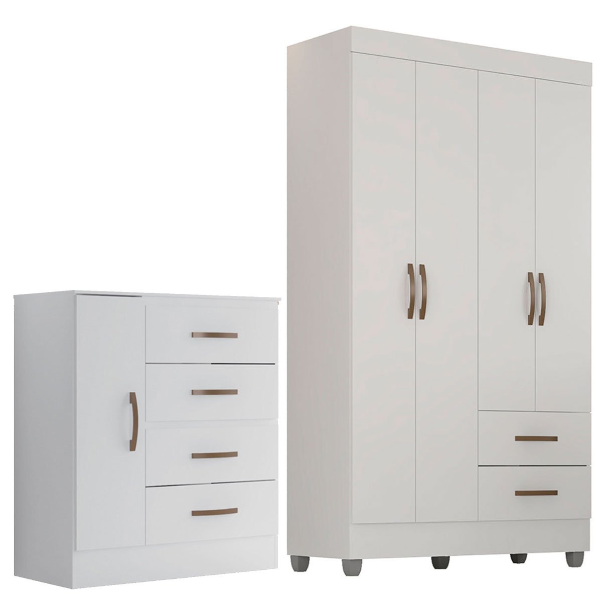 Kit Guarda-Roupa Solteiro 4 Portas com Cômoda Sapateira Lisa Branco