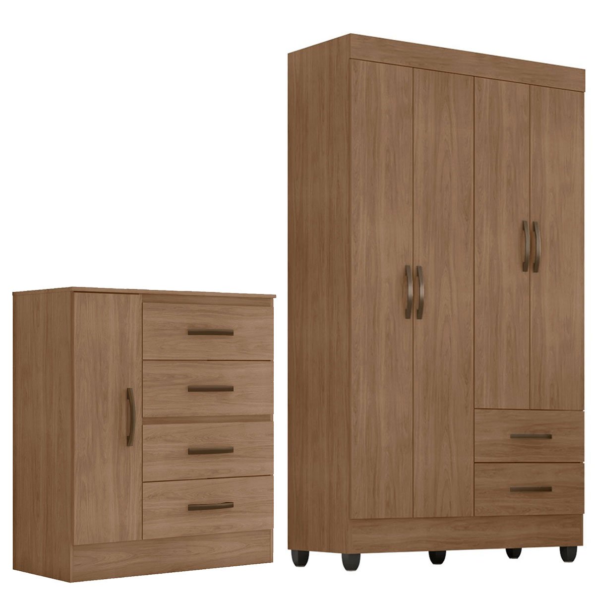 Kit Guarda-Roupa Solteiro 4 Portas com Cômoda Sapateira Lisa Carvalho Oak