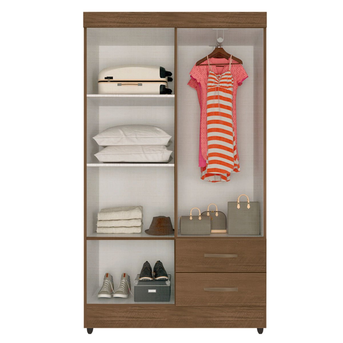 Kit Guarda-Roupa Solteiro 4 Portas com Cômoda Sapateira Lisa Carvalho Oak