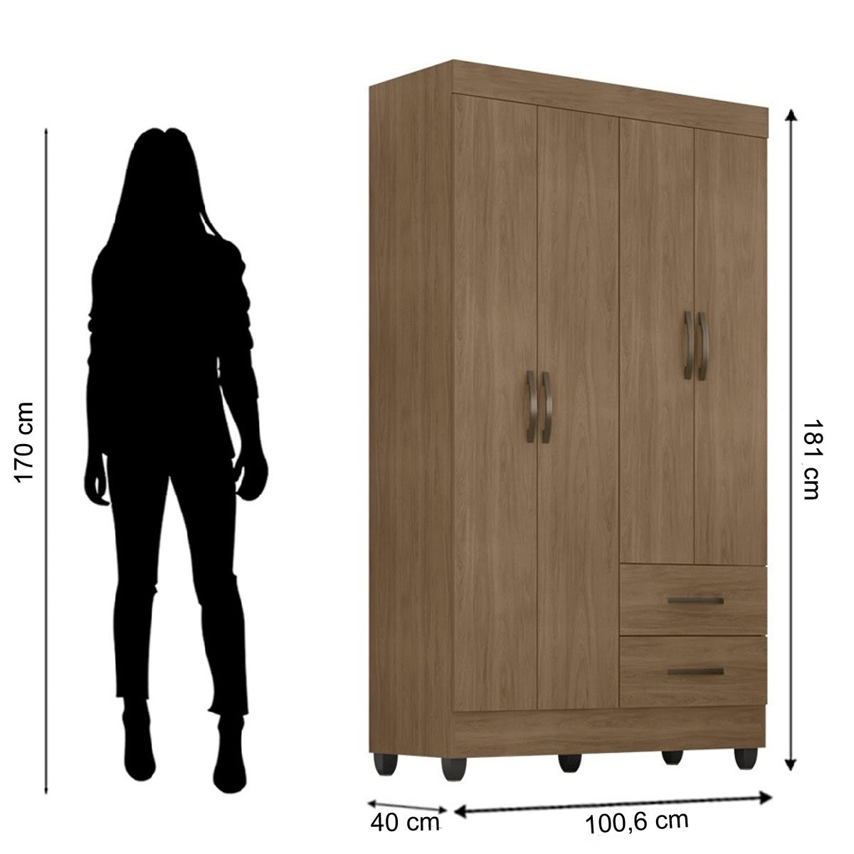 Kit Guarda-Roupa Solteiro 4 Portas com Cômoda Sapateira Lisa Carvalho Oak