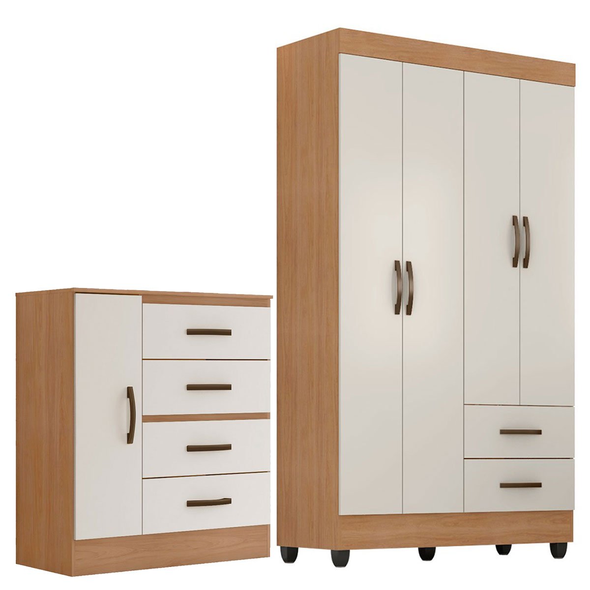 Kit Guarda-Roupa Solteiro 4 Portas com Cômoda Sapateira Lisa Nature/Off White