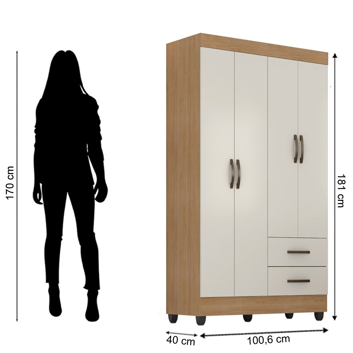 Kit Guarda-Roupa Solteiro 4 Portas com Cômoda Sapateira Lisa Nature/Off White