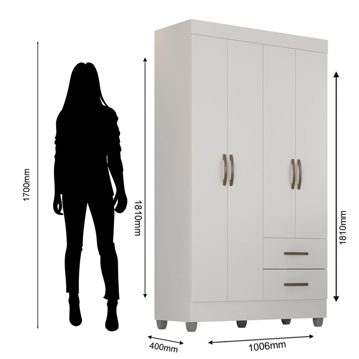 Kit Guarda-Roupa Solteiro 4 Portas e Cômoda 4 Gavetas Lisa Branco