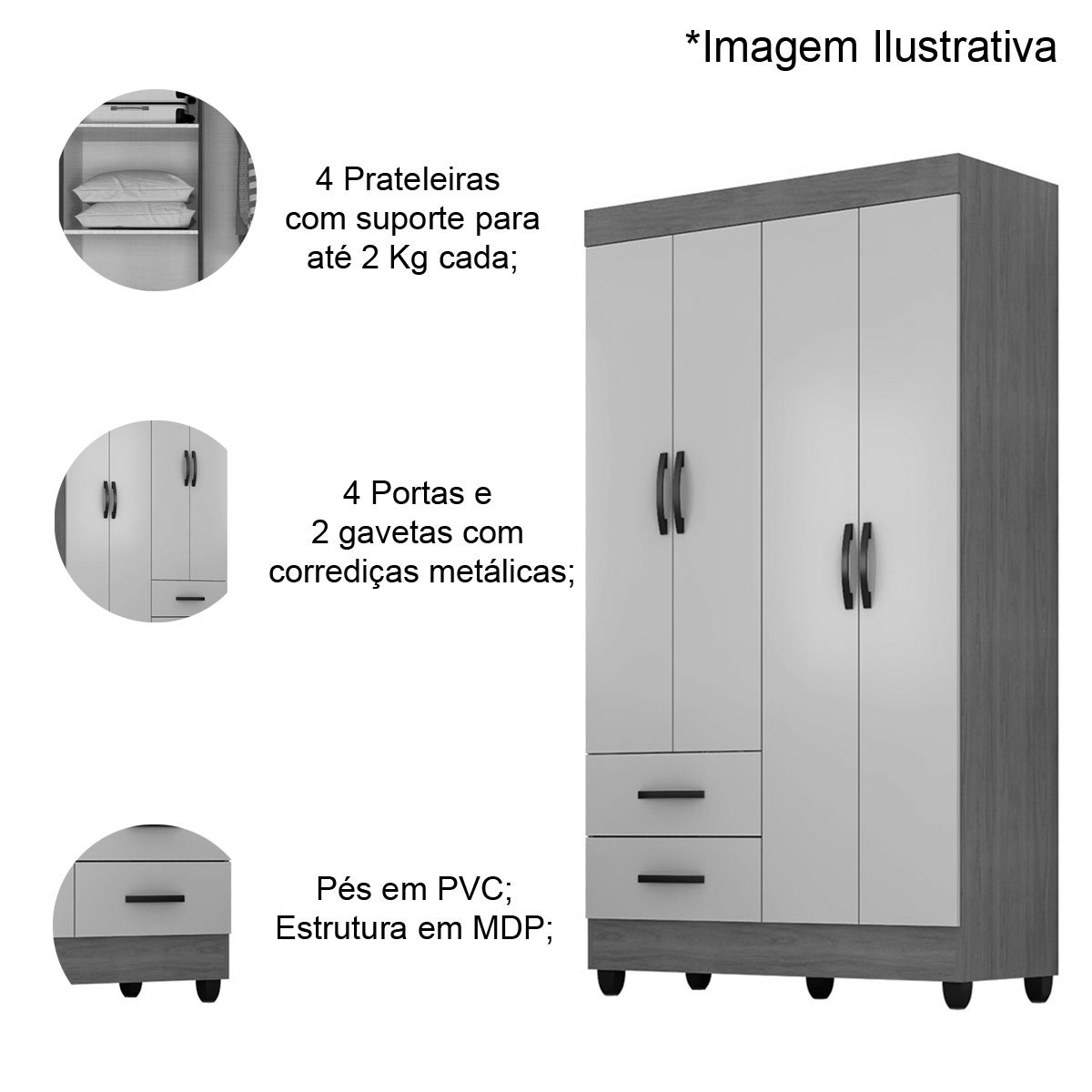 Kit Guarda-Roupa Solteiro 4 Portas e Cômoda 4 Gavetas Lisa Branco