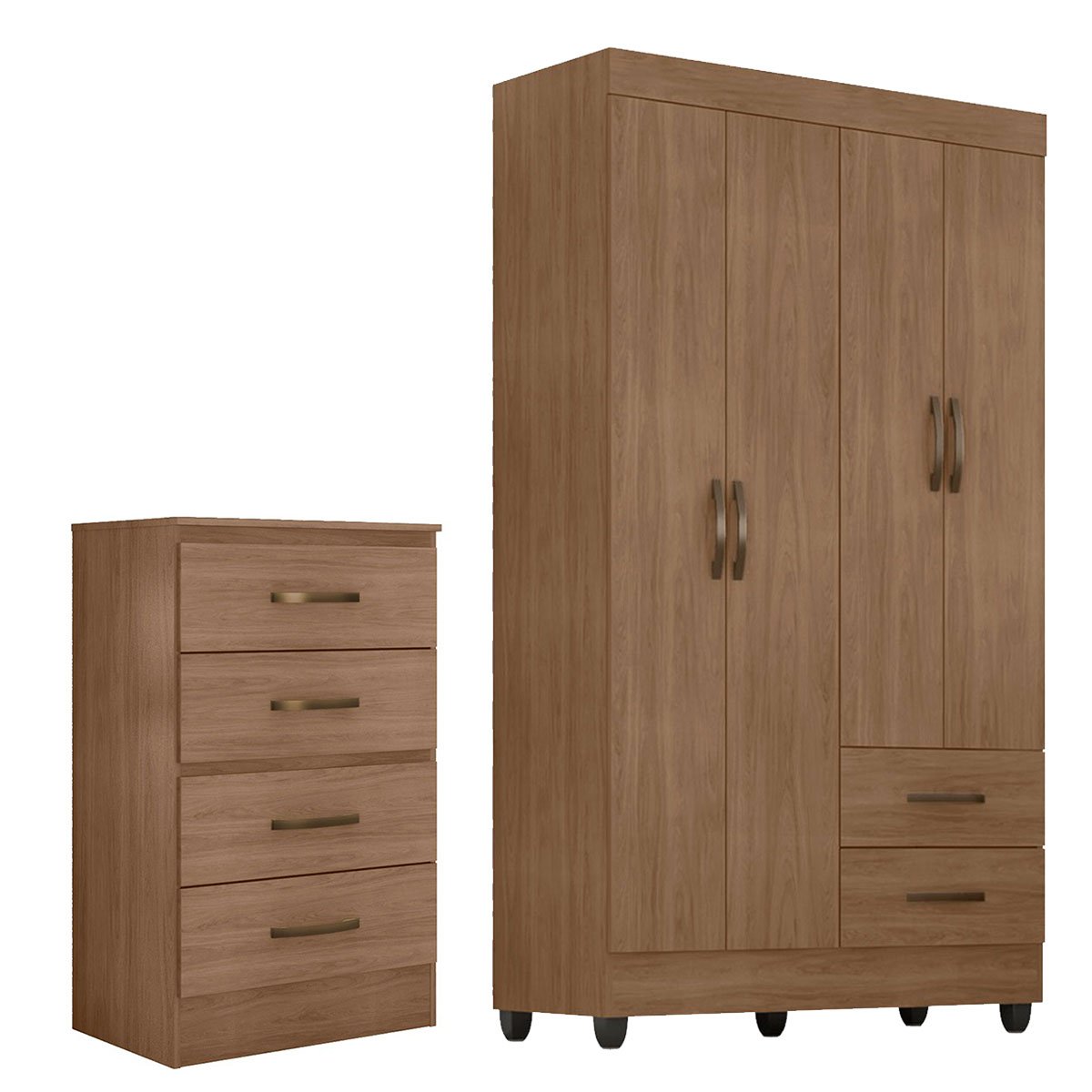 Kit Guarda-Roupa Solteiro 4 Portas e Cômoda 4 Gavetas Lisa Carvalho Oak