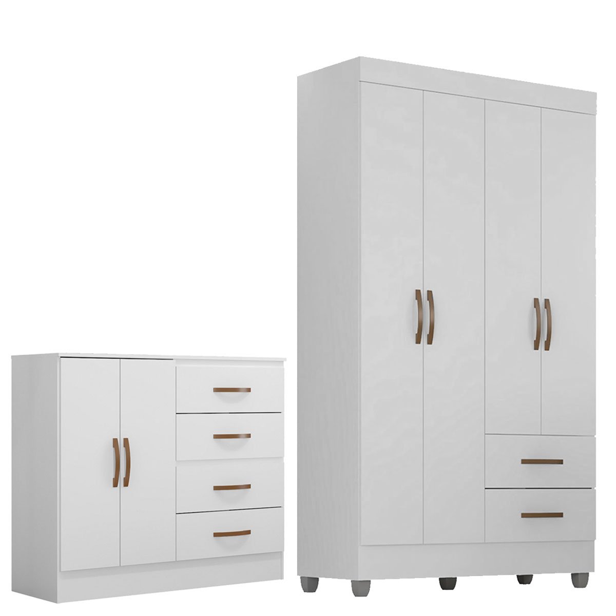 Kit Guarda-Roupa Solteiro 4 Portas e Cômoda Sapateira 2 Portas Lisa Branco