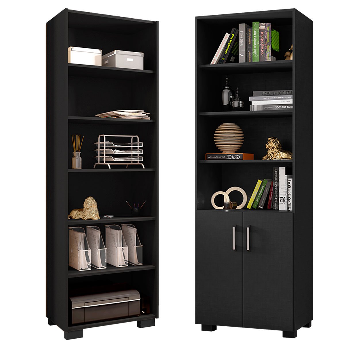 Kit Livreiro 2 Portas Pequenas Livreiro 5 Prateleiras Office Preto