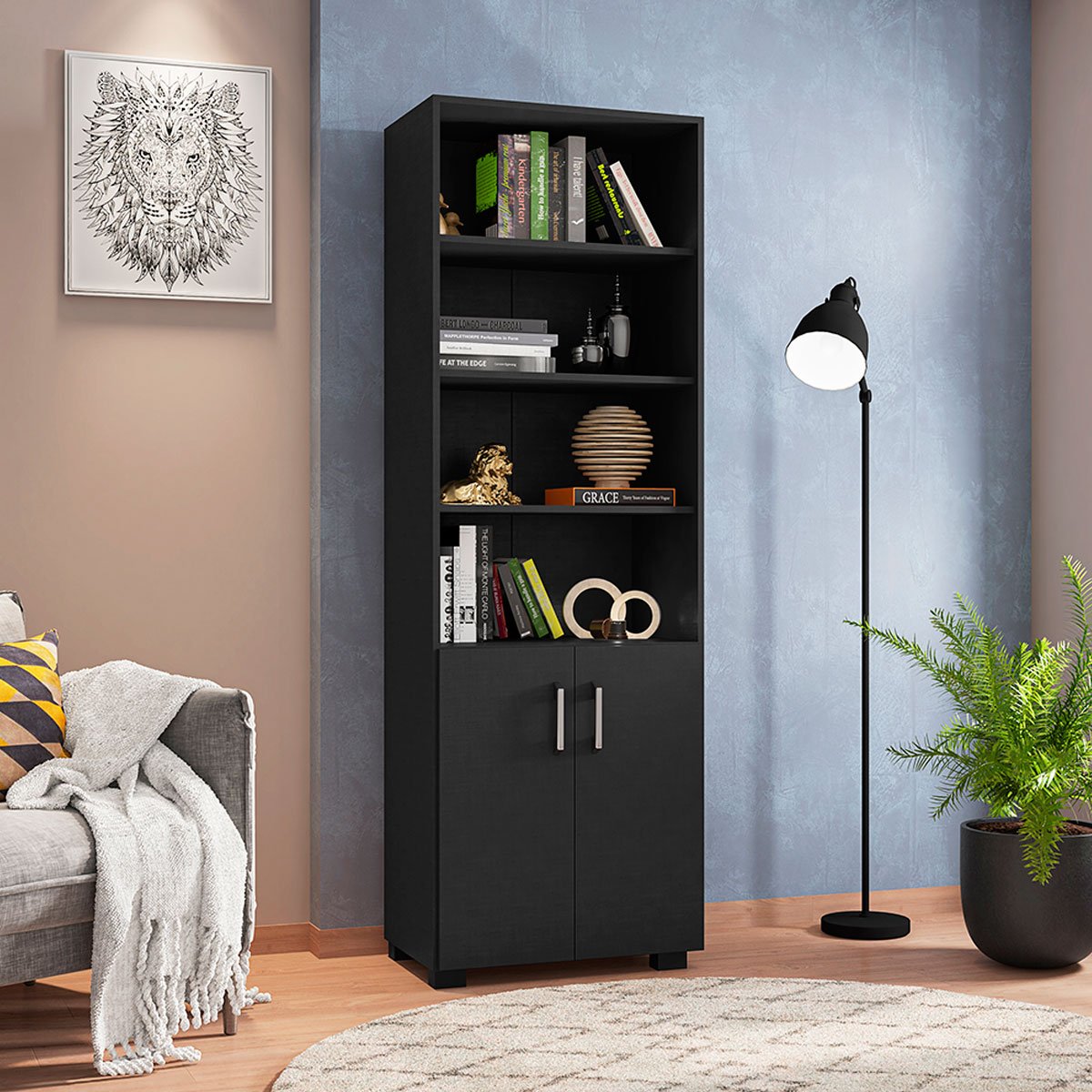 Livreiro 5 Prateleiras c/ Portas Pequenas Office Preto