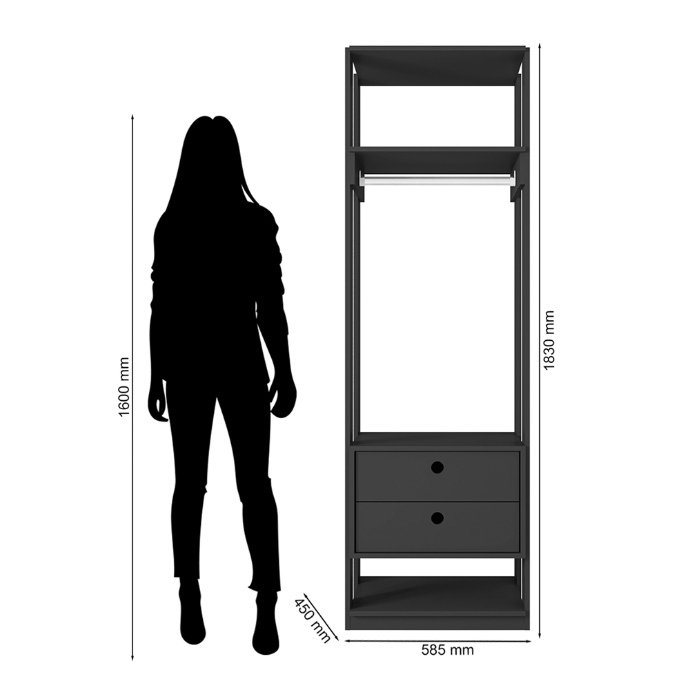 Módulo Guarda Roupa Closet 58cm Com 2 Gavetas Titan Preto Velluto - Móveis Leão