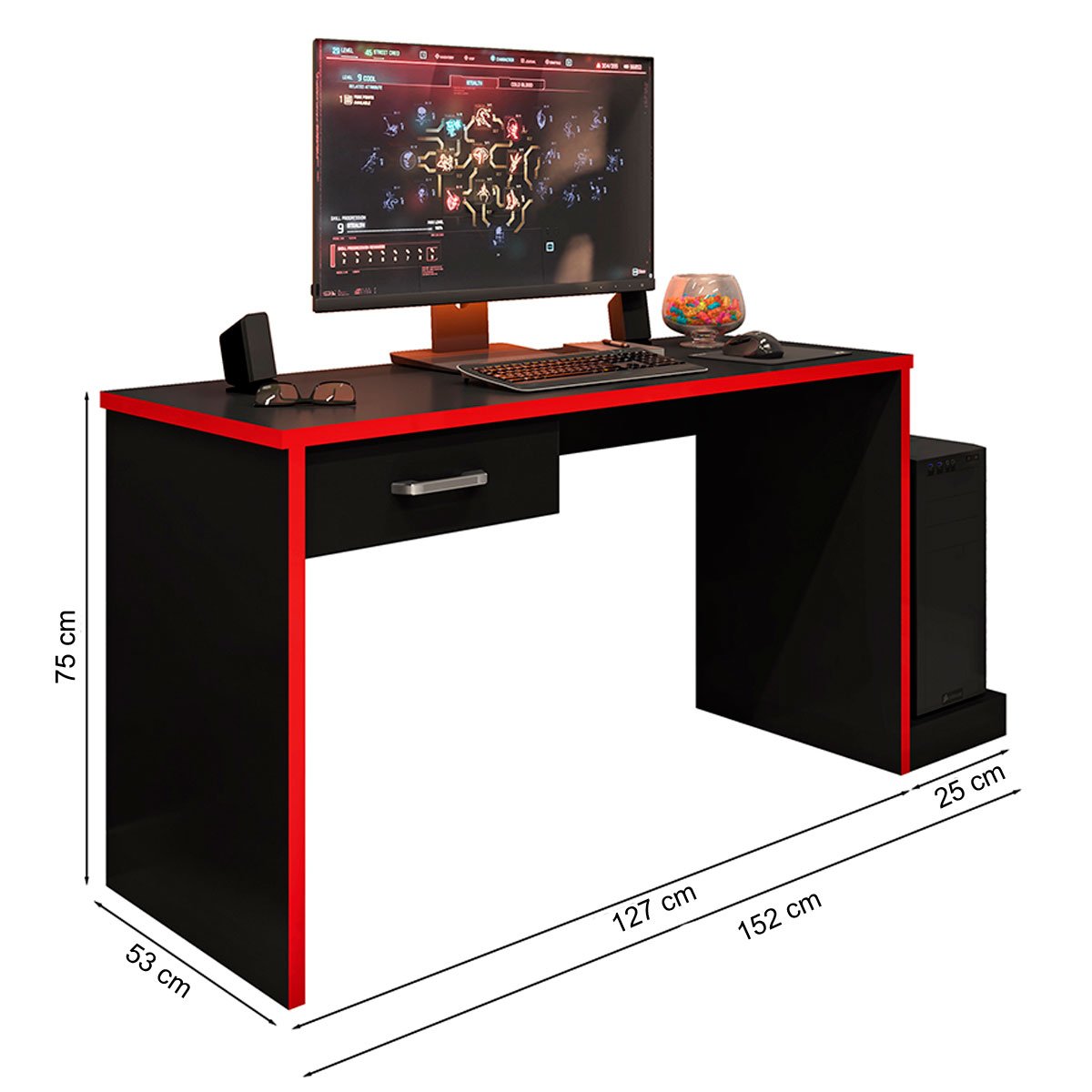 Mesa Gamer com 1 Gaveta e Suporte para CPU DRX-9000 Preto/Vermelho