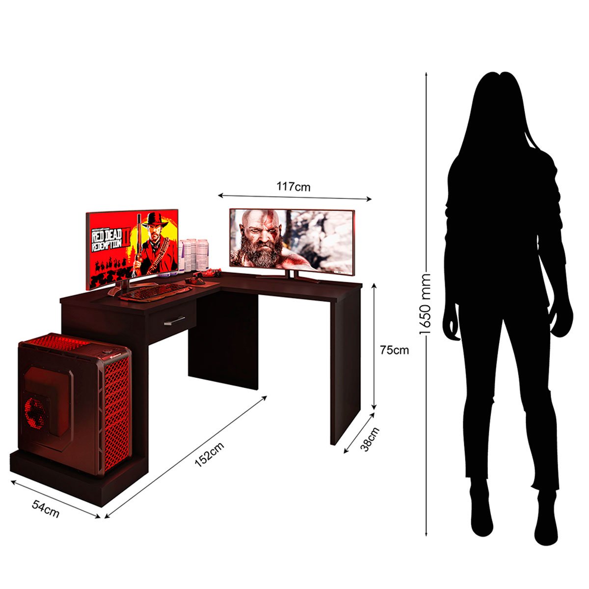 Mesa Gamer com Extensor em L e 1 gaveta DRX-9000 Preto