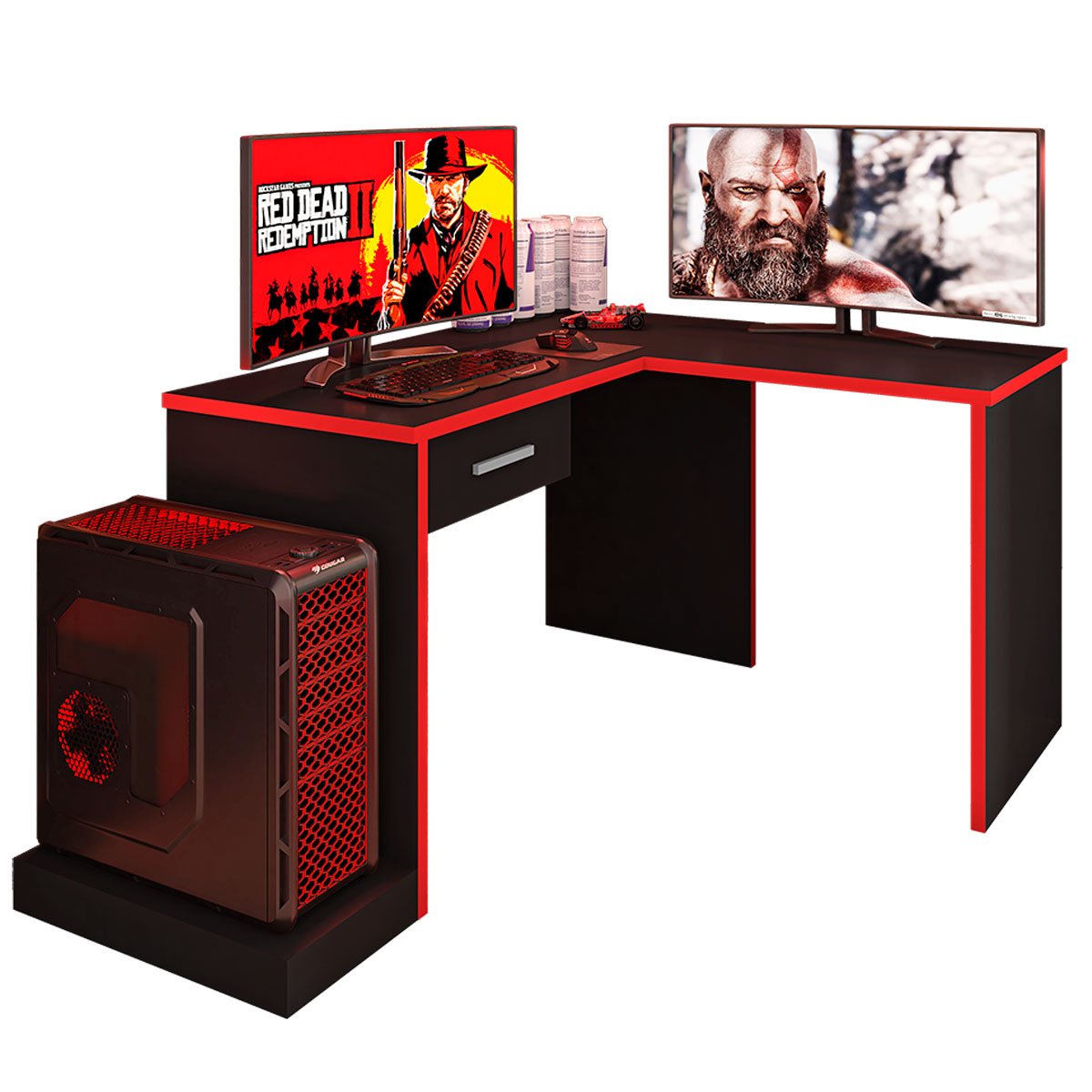 Mesa Gamer com Extensor em L e 1 gaveta DRX-9000 Preto/Vermelho