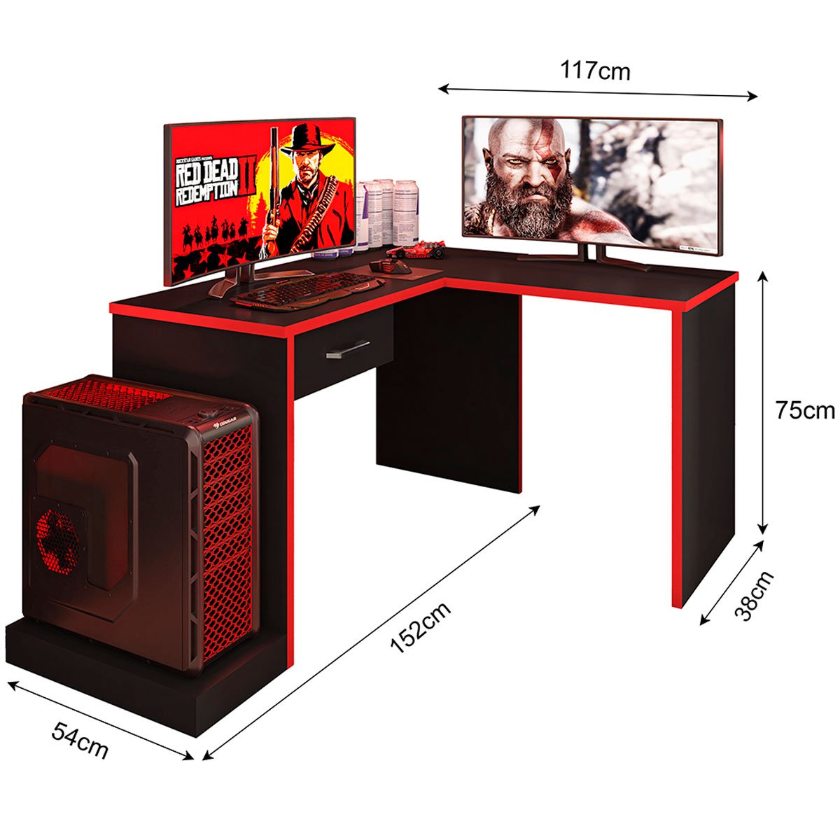Mesa Gamer com Extensor em L e 1 gaveta DRX-9000 Preto/Vermelho
