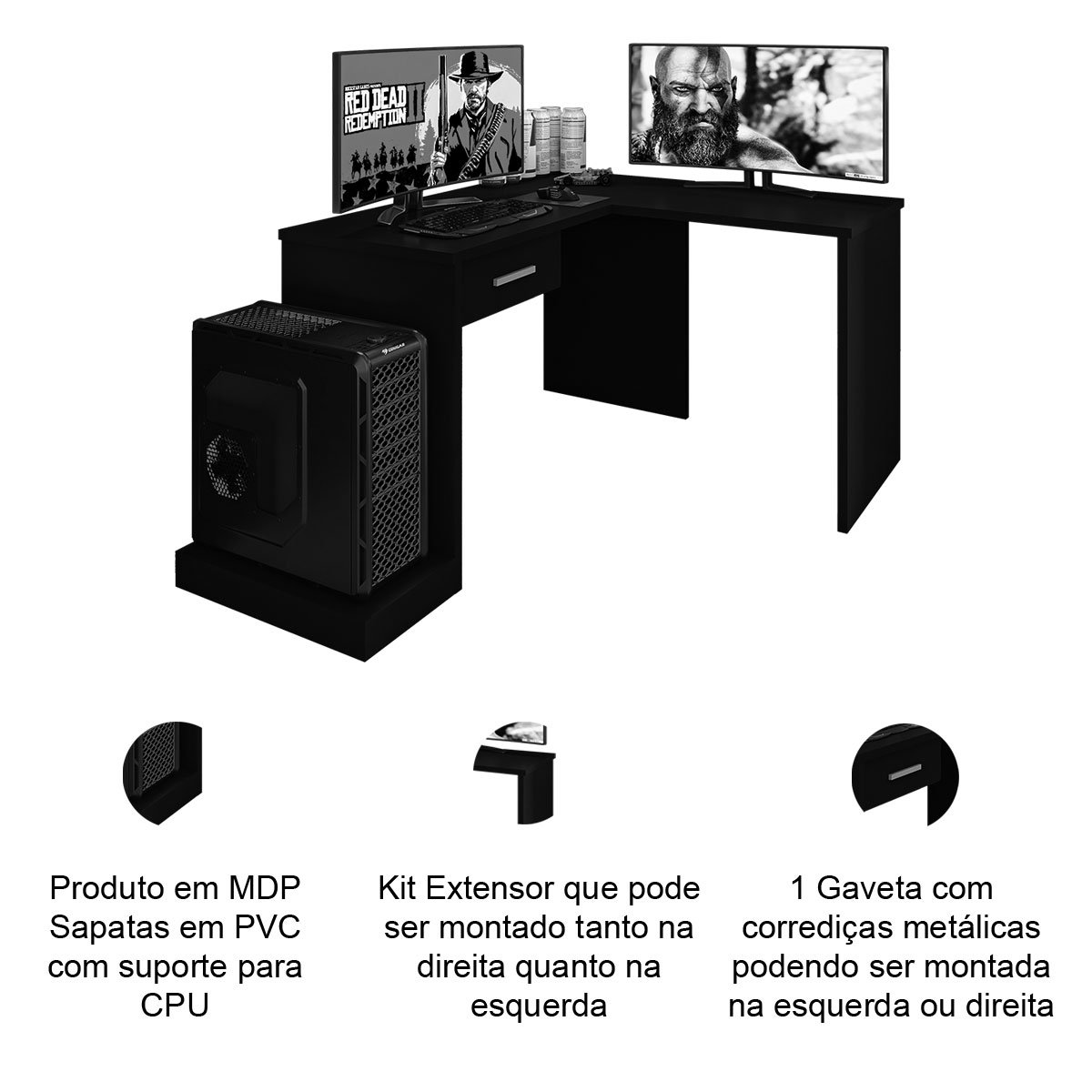 Mesa Gamer com Extensor em L e 1 gaveta DRX-9000 Preto/Vermelho