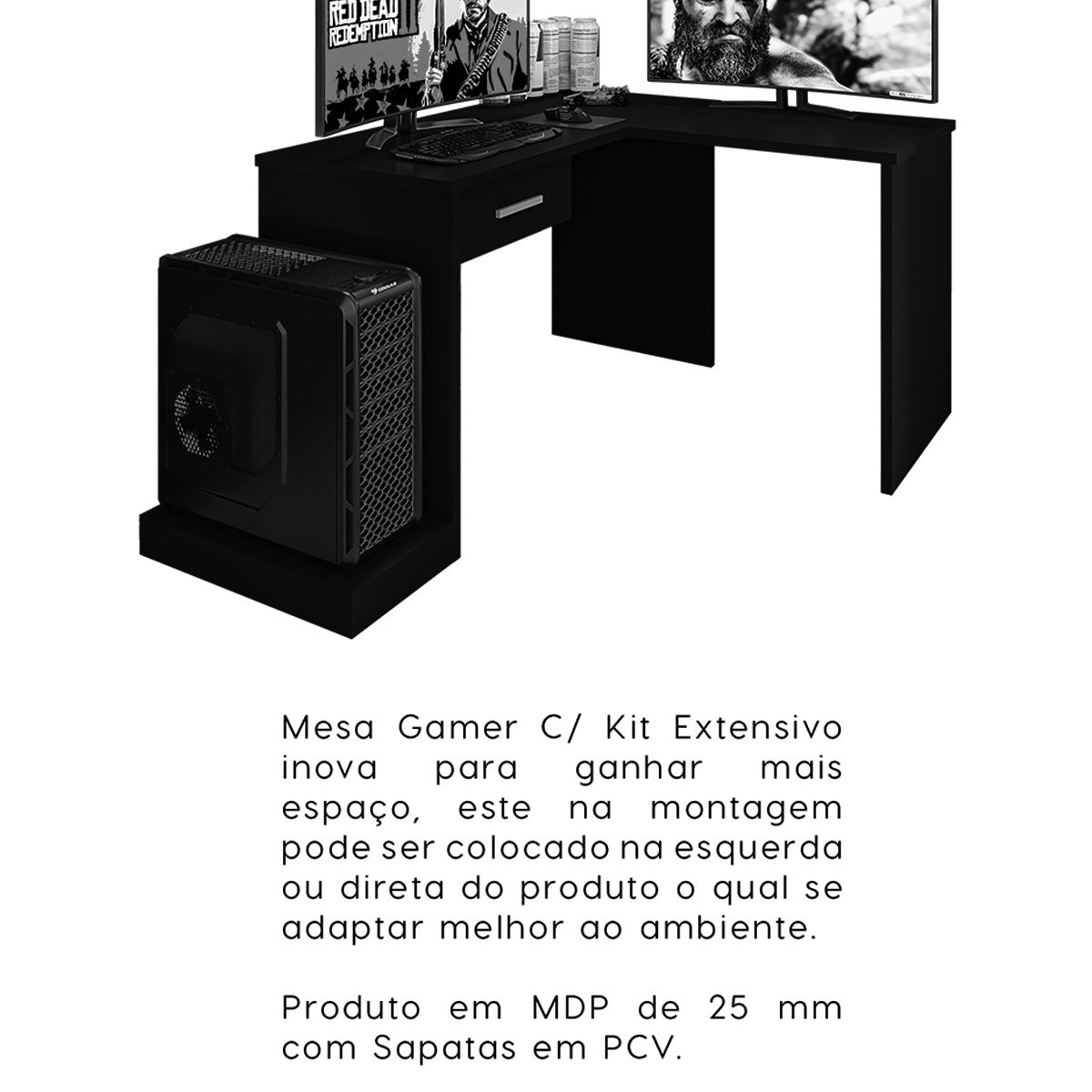 Mesa Gamer com Extensor em L e 1 gaveta DRX-9000 Preto/Vermelho