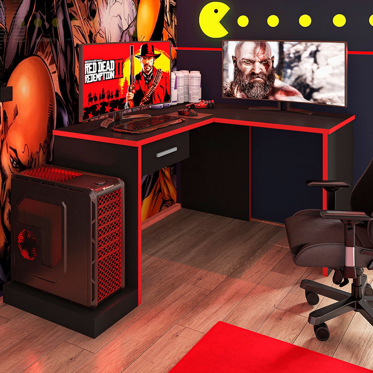 Mesa Gamer com Extensor em L e 1 gaveta DRX-9000 Preto/Vermelho