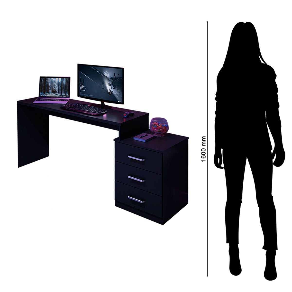 Mesa Gamer com Regulagem de Altura e Gaveteiro DRX-5000 Preto