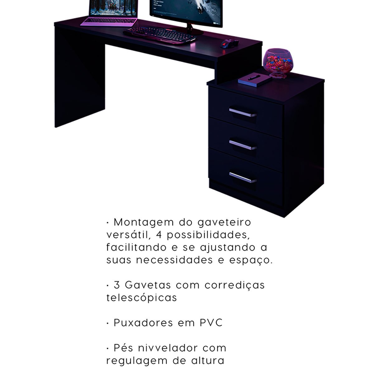 Mesa Gamer com Regulagem de Altura e Gaveteiro DRX-5000 Preto