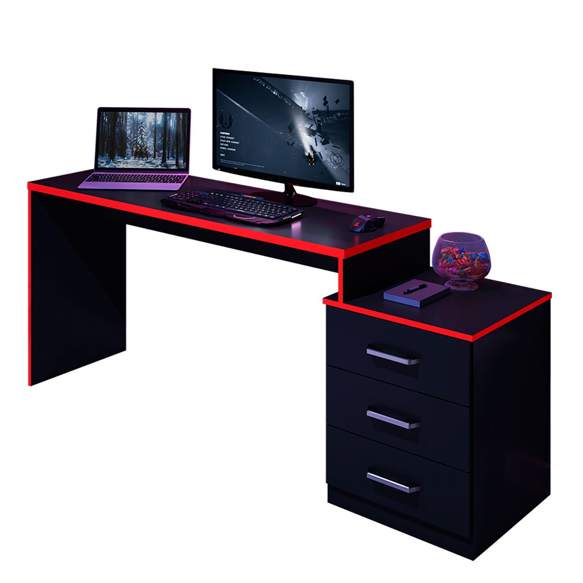 Mesa Gamer com Regulagem de Altura e Gaveteiro DRX-5000 Preto/Vermelho